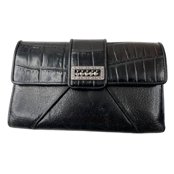 Brighton Women's Black Stamped Leather Snap Closure Wallet W/Hearts - Picture 1 of 5